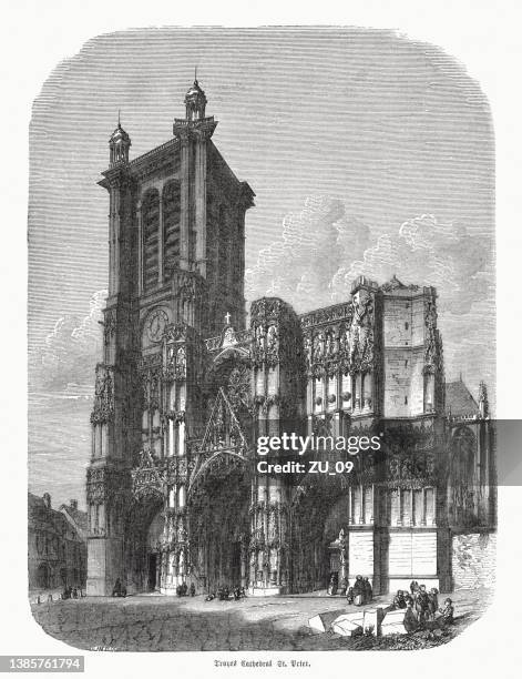 ilustrações, clipart, desenhos animados e ícones de catedral de troyes, champanhe, frança, gravura de madeira, publicada em 1870 - troyes champagne ardenne