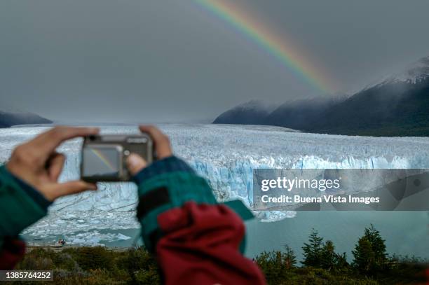 argentina. woman taking pictures of the perito moreno glacier. - エルカラファテ ストックフォトと画像