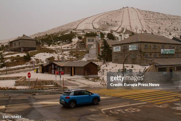 Vehicle passes by the port and ski resort of Navacerrada, March 16 in Guadarrama, Madrid, Spain. The passage of the squall Celia through the Iberian...