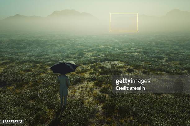 man standing in meadow with distant passages glowing in mid air - magic doors stock pictures, royalty-free photos & images