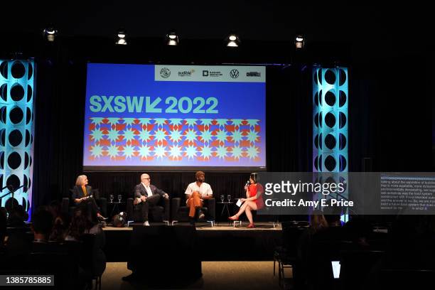 Denise Osterhues, Andrew Zimmern, Stephen Satterfield and Emily Ma speak onstage at 'Future Intersections of Food, Technology & Culture' during the...