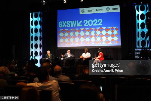 Denise Osterhues, Andrew Zimmern, Stephen Satterfield and Emily Ma speak onstage at 'Future Intersections of Food, Technology & Culture' during the...