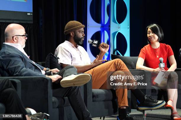 Andrew Zimmern, Stephen Satterfield and Emily Ma speak onstage at 'Future Intersections of Food, Technology & Culture' during the 2022 SXSW...