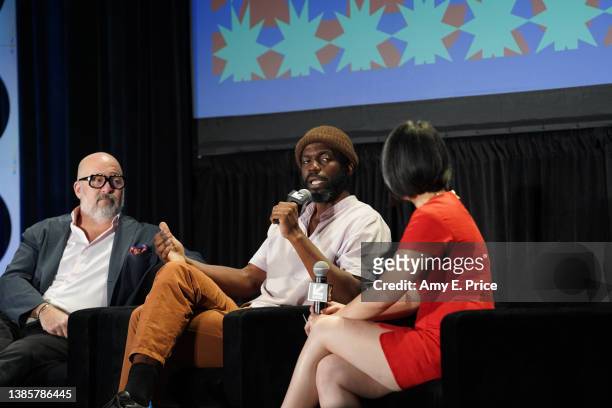 Andrew Zimmern, Stephen Satterfield and Emily Ma speak onstage at 'Future Intersections of Food, Technology & Culture' during the 2022 SXSW...