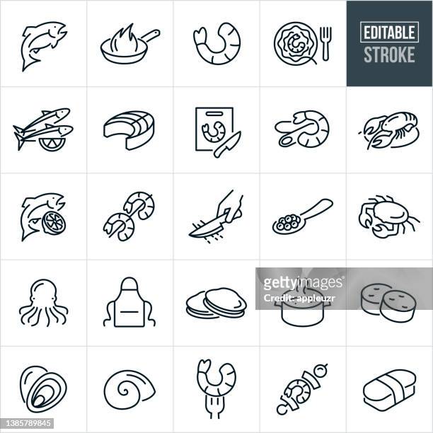 seafood thin line icons - editable stroke - shrimp seafood stock illustrations