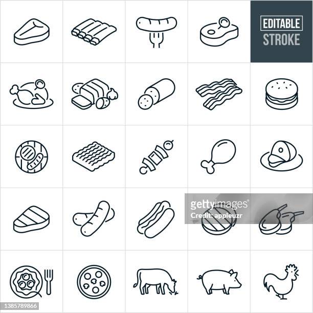 meats thin line icons - editable stroke - turkey bird 幅插畫檔、美工圖案、卡通及圖標