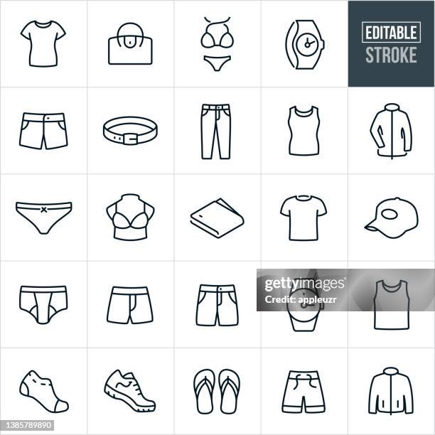 ilustraciones, imágenes clip art, dibujos animados e iconos de stock de iconos de línea delgada de ropa casual - trazo editable - soutien