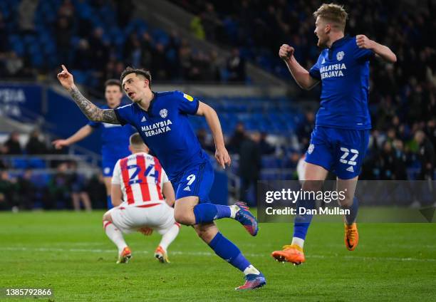 Jordan Hugill of Cardiff City celebrates after scoring their team's second goal during the Sky Bet Championship match between Cardiff City and Stoke...