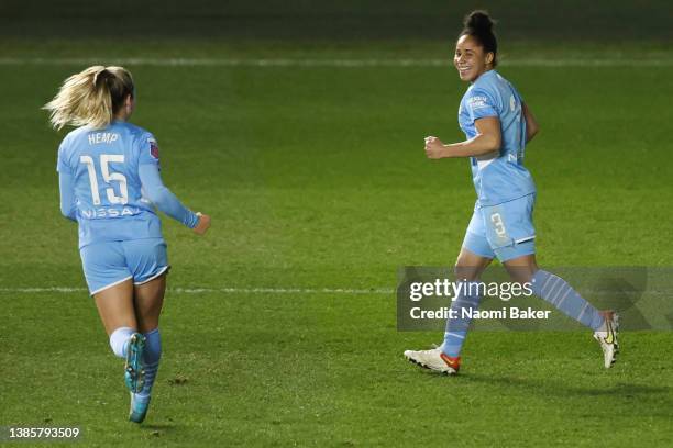 Demi Stokes of Manchester City celebrates after scoring their team's first goal during the Barclays FA Women's Super League match between Manchester...