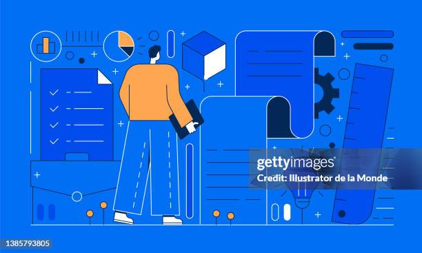 brief project flat style line illustration - project management vector stock illustrations