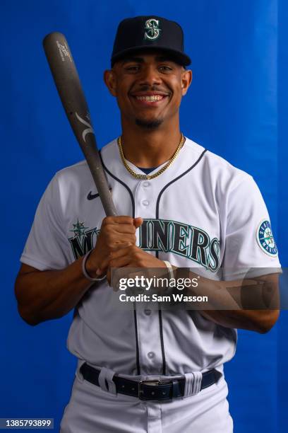 Julio Rodriguez of the Seattle Mariners poses for a portrait during photo day at the Peoria Sports Complex on March 16, 2022 in Peoria, Arizona.