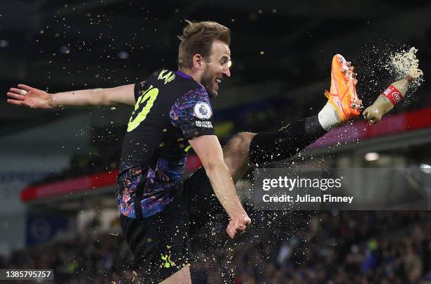 Harry Kane of Tottenham Hotspur celebrates after scoring their team's second goal during the Premier League match between Brighton & Hove Albion and...