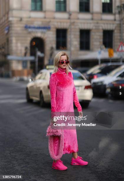 Palina Kozyrava is wearing Balenciaga pink fluffy hourglass bag, Skechers pink statement sneaker, Reserved crushed velvet pink, Fenty pink shades on...