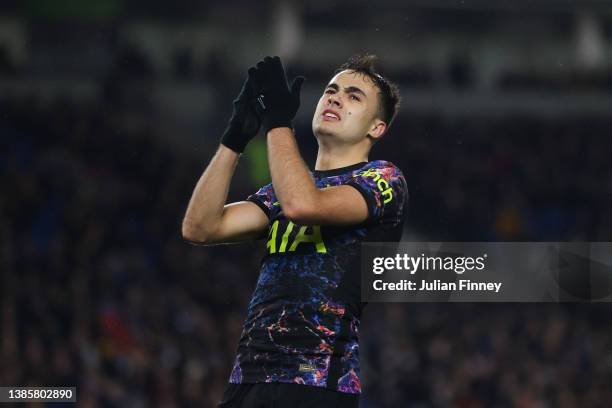 Sergio Reguilon of Tottenham Hotspur reacts during the Premier League match between Brighton & Hove Albion and Tottenham Hotspur at American Express...