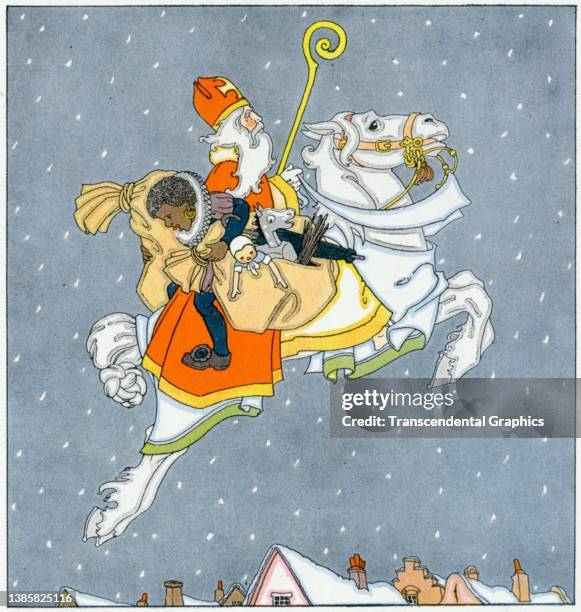 Illustration , from the book 'Tales Told in Holland' , depicts Saint Nicholas and his companion, Zwarte Piet , as they ride a white horse through the...