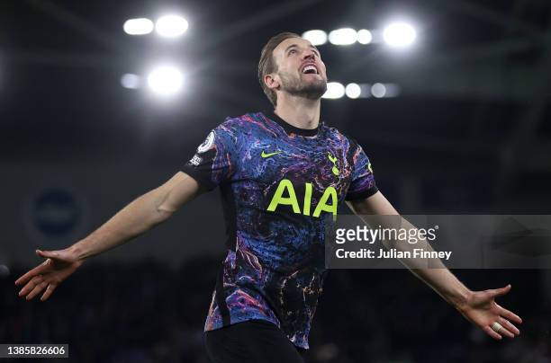 Harry Kane of Tottenham Hotspur celebrates after scoring their team's second goal during the Premier League match between Brighton & Hove Albion and...