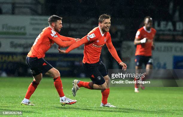 Luke Berry of Luton Town celebrates after scoring the first goal during the Sky Bet Championship match between Luton Town and Preston North End at...