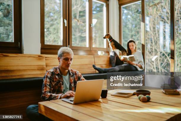 young people doing remote work from the mountain cabin - zen dog stock pictures, royalty-free photos & images