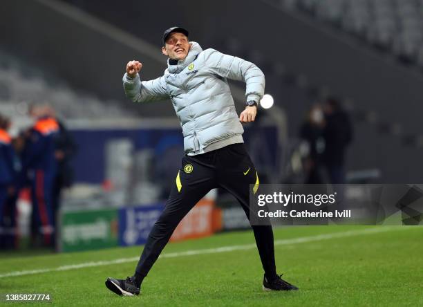Thomas Tuchel manager of Chelsea celebrates the win as the fans acknowledge him after the UEFA Champions League Round Of Sixteen Leg Two match...