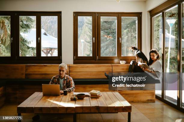 山小屋から遠隔仕事をしている若者たち - office cabin ストックフォトと画像