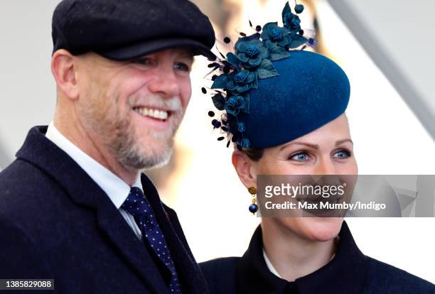 Mike Tindall and Zara Tindall attend day 2 'Ladies Day' of the Cheltenham Festival at Cheltenham Racecourse on March 16, 2022 in Cheltenham, England.