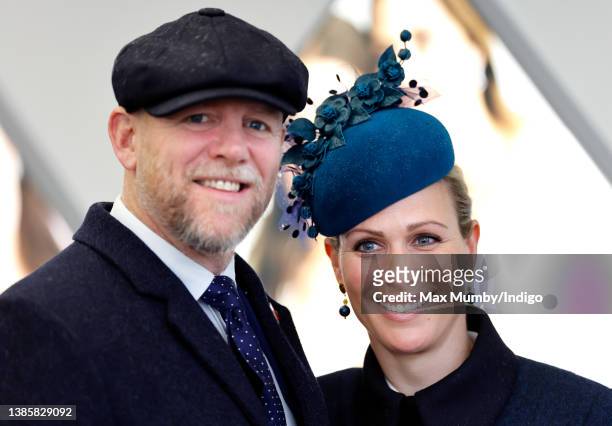 Mike Tindall and Zara Tindall attend day 2 'Ladies Day' of the Cheltenham Festival at Cheltenham Racecourse on March 16, 2022 in Cheltenham, England.