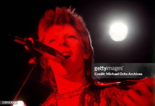 David Bowie performs at the Santa Monica Civic Auditorium on October 20, 1972 in Santa Monica, California.