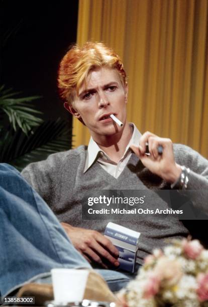 David Bowie is interviewed on 'Good Morning America' by Rona Barrett in February, 1976 in Los Angeles, California.