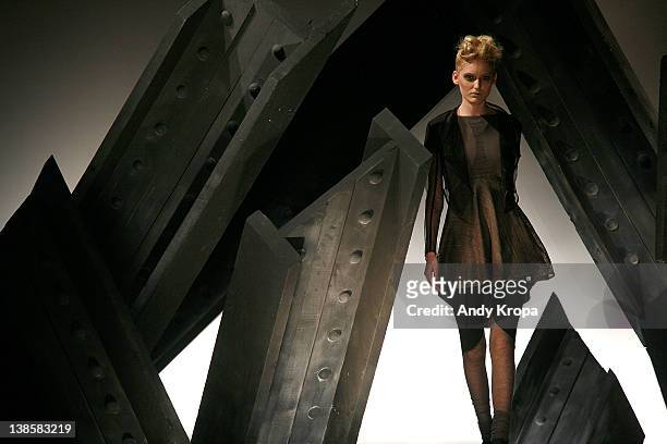 Model walks the runway at the Katie Gallagher fall 2012 presentation during Mercedes-Benz Fashion Week at The Standard Hotel on February 9, 2012 in...