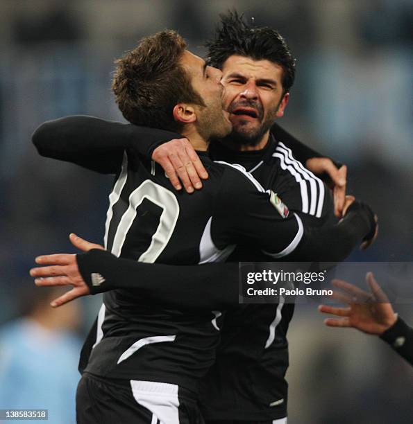 Adrian Mutu with his teammate Vincenzo Iaquinta of AC Cesena celebrate after scoring the opening goal during the Serie A match between SS Lazio and...