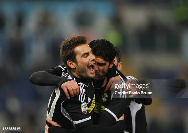 Adrian Mutu with his teammate Vincenzo Iaquinta of AC Cesena celebrate after scoring the opening goal during the Serie A match between SS Lazio and...