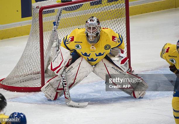Sweden's goalkeeper Johan Gustafsson stands in front of his goal during the Oddset Hockey games ice hockey match between Sweden and the Czech...