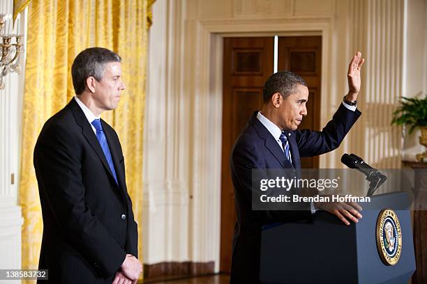 President Barack Obama, joined by Education Secretary Arne Duncan , delivers remarks on the No Child Left Behind law in the East Room of the White...