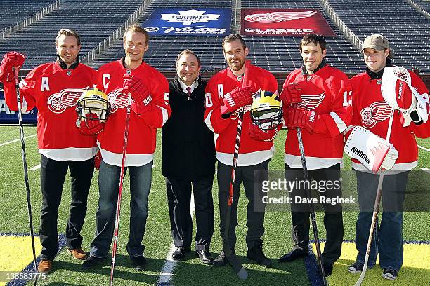 Niklas Kronwall, Nicklas Lidstrom, Henrik Zetterberg, Pavel Datsyuk and Jimmy Howard of the Detroit Red Wings pose for a few photos for the media...