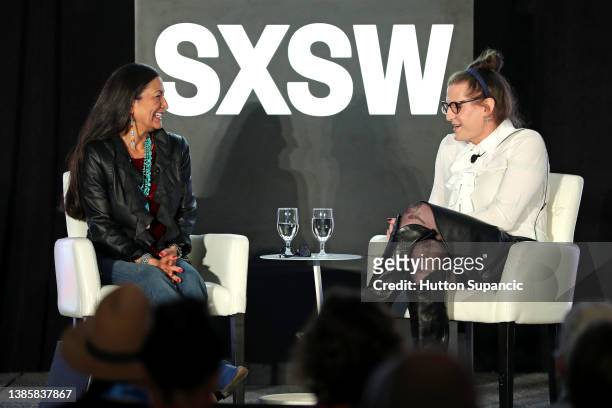 Secretary of the Interior Deb Haaland and Charlotte Clymer speak onstage at 'Auntie Deb's Guide to Equity & Inclusion' during the 2022 SXSW...
