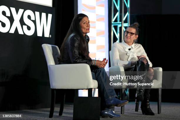 Secretary of the Interior Deb Haaland and Charlotte Clymer speak onstage at 'Auntie Deb's Guide to Equity & Inclusion' during the 2022 SXSW...