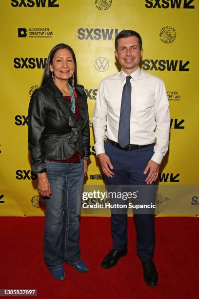Secretary of the Interior Deb Haaland and Secretary of Transportation Pete Buttigieg attend 'Auntie Deb's Guide to Equity & Inclusion' during the...