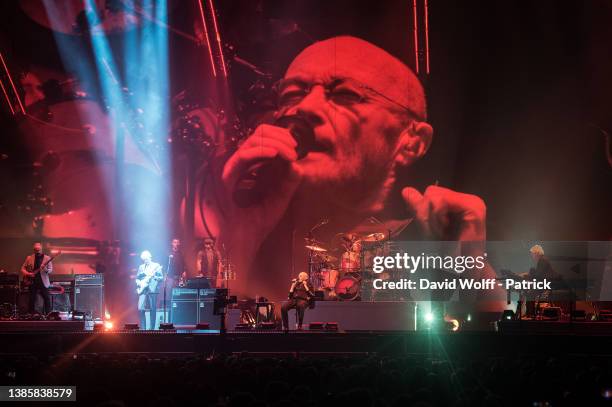 Phil Collins,Tony Banks, Mike Rutherford,Daryl Stuermer, and Nicholas Collins from Genesis perform at U Arena on March 17, 2022 in Nanterre, France.