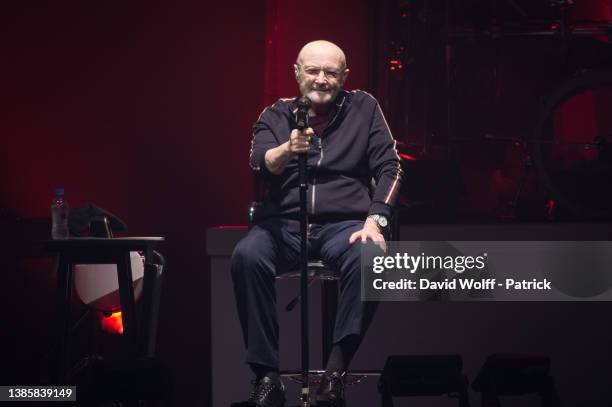 Phil Collins from Genesis performs at U Arena on March 17, 2022 in Nanterre, France.
