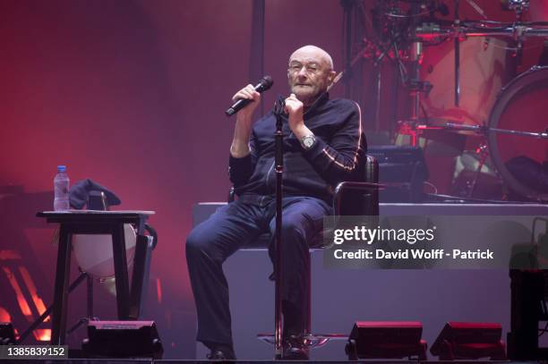 Phil Collins from Genesis performs at U Arena on March 17, 2022 in Nanterre, France.
