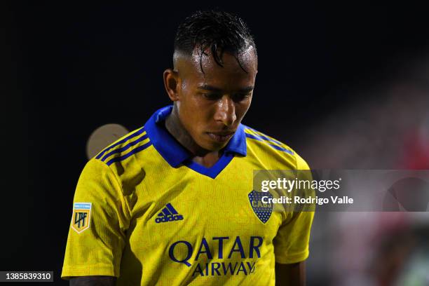 Sebastian Villa of Boca Juniors reacts during a match bewteen Estudiantes and Boca Juniors as part of Copa de la Liga 2022 at Jorge Luis Hirschi...