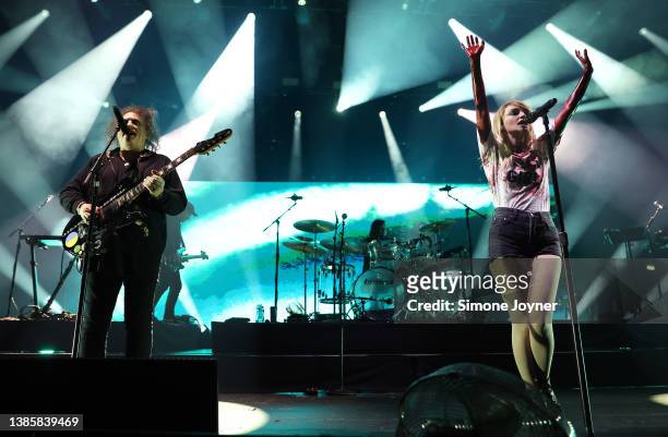 Robert Smith performs with Lauren Mayberry of CHVRCHES live on stage at O2 Academy Brixton on March 16, 2022 in London, England. The Cure frontman...