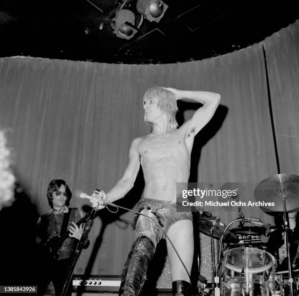 Ron Asheton and Iggy Pop of the rock and roll band "Iggy and The Stooges" perform onstage at the Whisky A-Go-Go on October 30, 1973 in West...