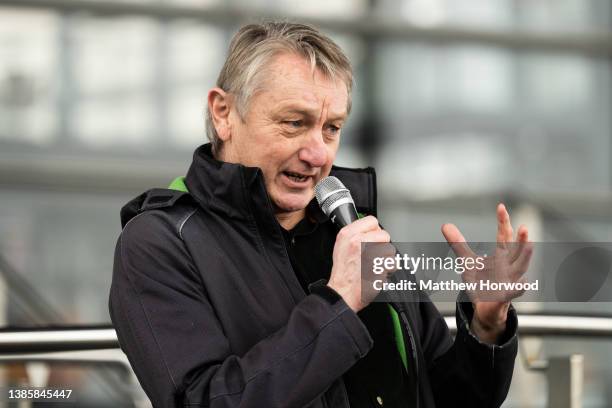 Wales Green Party Leader Anthony Slaughter speaks during a demonstration on March 16, 2022 in Cardiff, Wales.