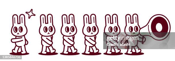 stockillustraties, clipart, cartoons en iconen met one unique rabbit walking in the opposite direction from the group - antropomorfisme