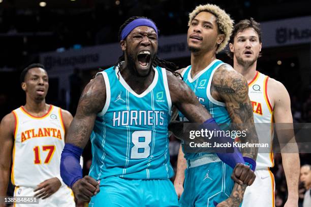 Montrezl Harrell of the Charlotte Hornets reacts after dunking the ball against the Atlanta Hawks in the second quarter during their game at Spectrum...