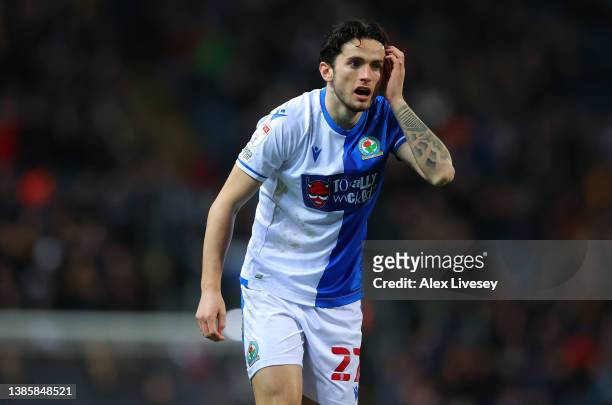 Lewis Travis of Blackburn Rovers looks on during the Sky Bet Championship match between Blackburn Rovers and Derby County at Ewood Park on March 15,...