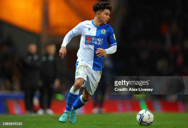 Tyrhys Dolan of Blackburn Rovers runs with the ballduring the Sky Bet Championship match between Blackburn Rovers and Derby County at Ewood Park on...