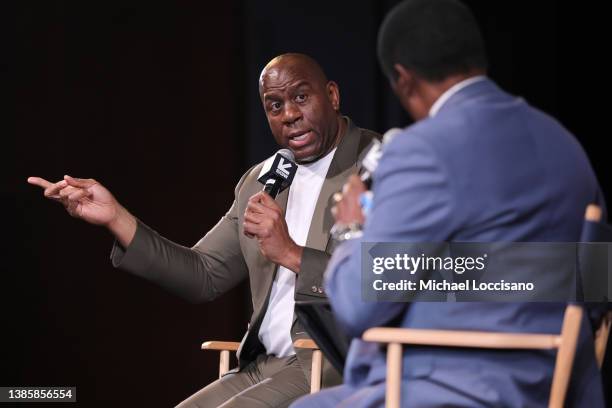 Documentary series subject Earvin "Magic" Johnson and Moderator, sportscaster Jim Hill take part in a Q&A following the "They Call Me Magic" premiere...