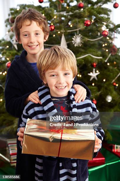 boys standing next to a christmas tree - sibling christmas stock pictures, royalty-free photos & images